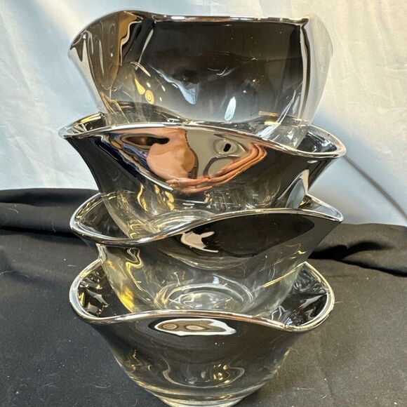 Vintage MCM Silver Fade Glass Bowls (4) Serving Salad Bowl Retro 70's Tableware - Picture 10 of 16